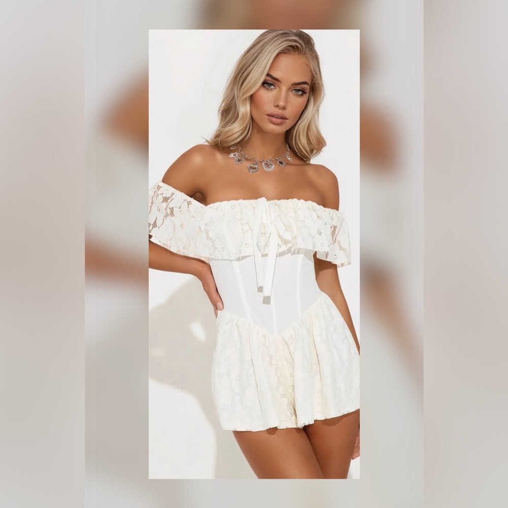 SOLD!Fashion Nova White Lace Off-Shoulder Romper - Picture 2 of 3